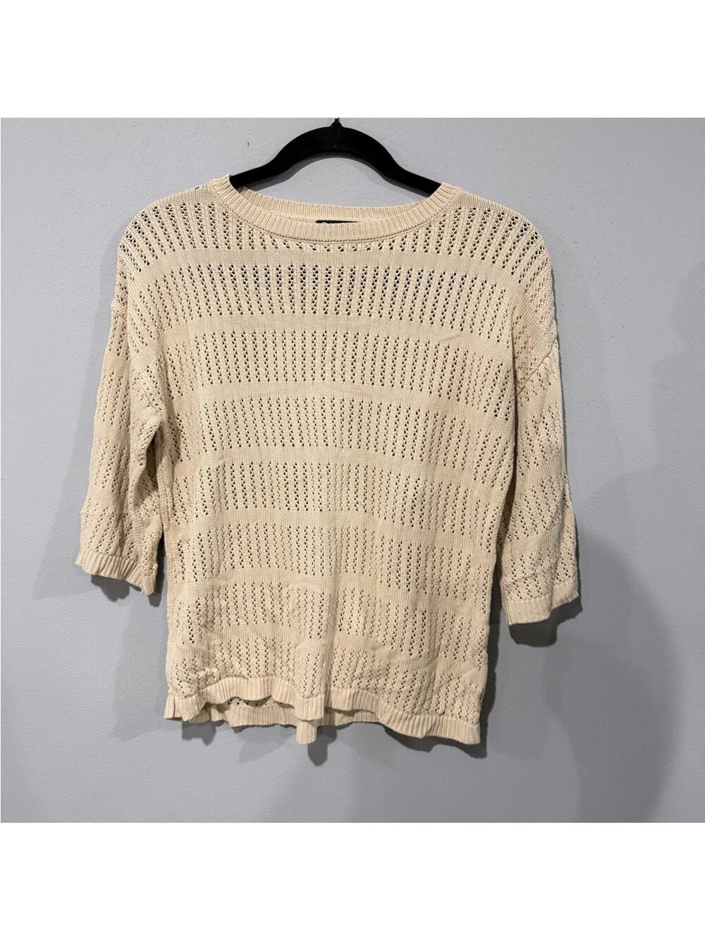 PrettyGarden Beige Open Knit Crochet Sweater - Size M Coastal Grandmother Style